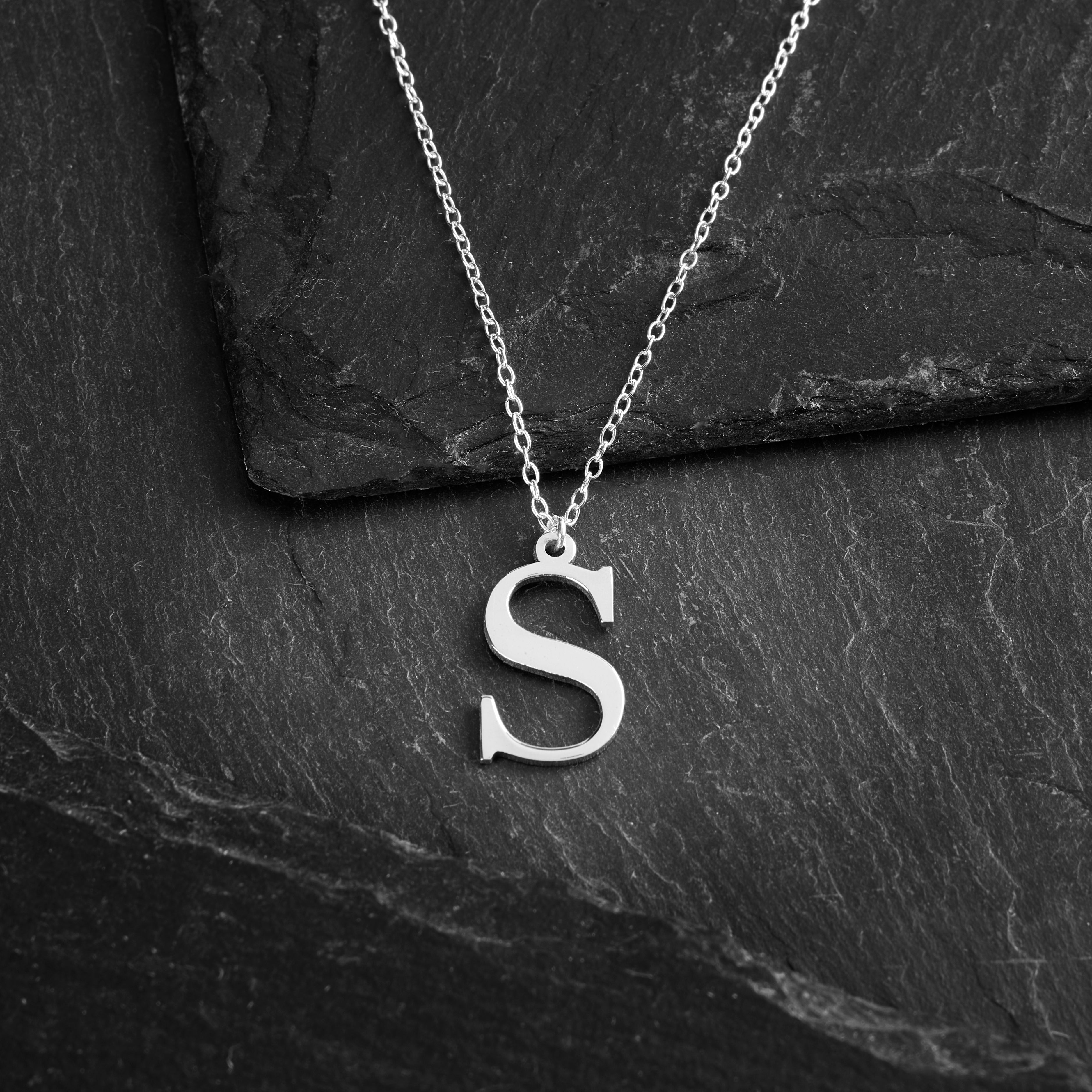 Initial Necklace in Solid Sterling Silver with Trace Chain