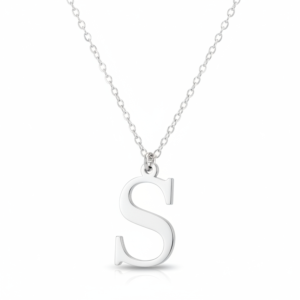Initial Necklace in Solid Sterling Silver with Trace Chain